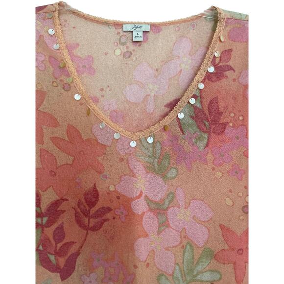 J. Jill Sheer Mesh Top Y2K Floral Top Embellished Peach Size Large - Picture 2 of 6